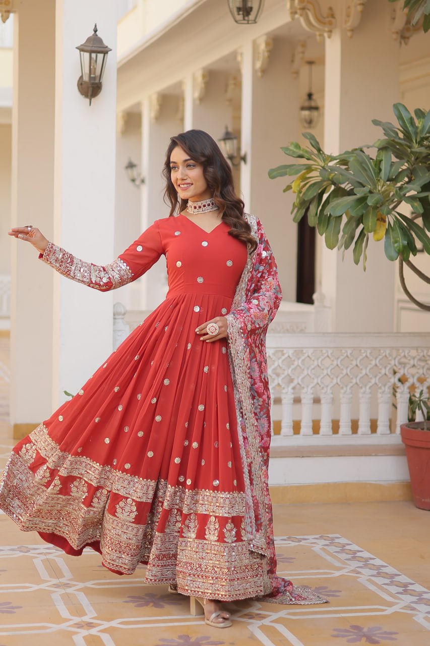 Banjara India Faux Georgette with Embroidery Zari Sequins-work Red
