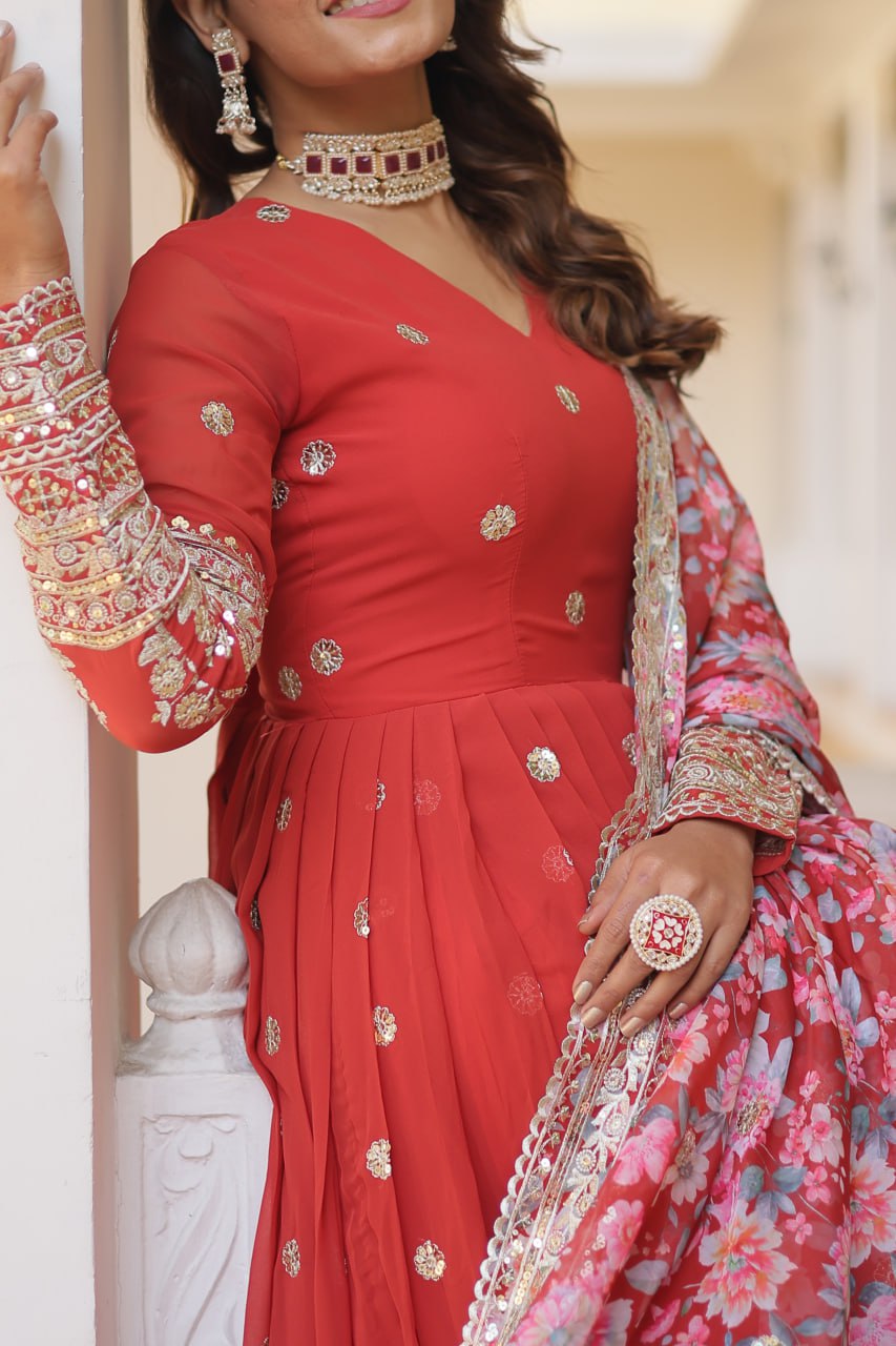 Banjara India Faux Georgette with Embroidery Zari Sequins-work Red