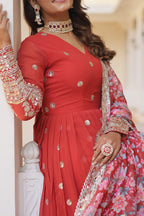 Banjara India Faux Georgette with Embroidery Zari Sequins-work Red