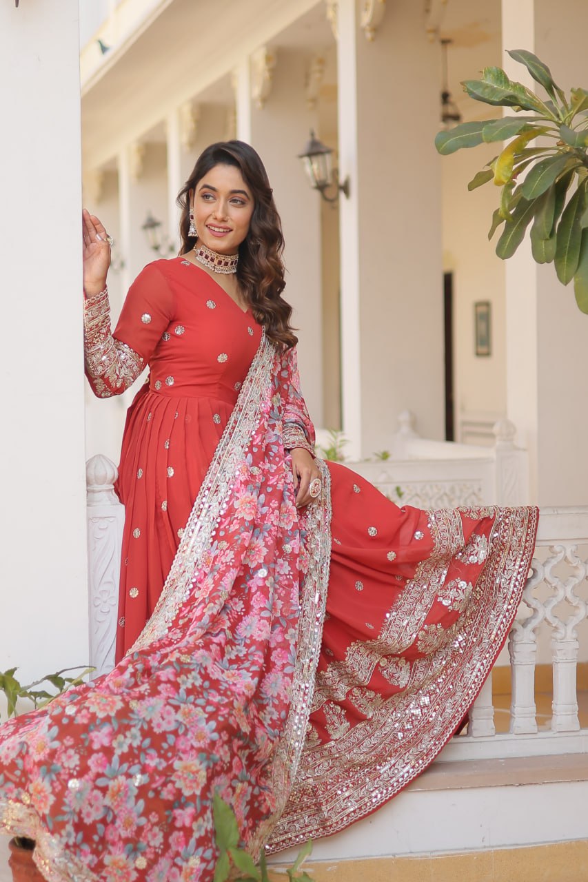 Banjara India Faux Georgette with Embroidery Zari Sequins-work Red