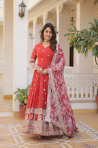 Banjara India Faux Georgette with Embroidery Zari Sequins-work Red