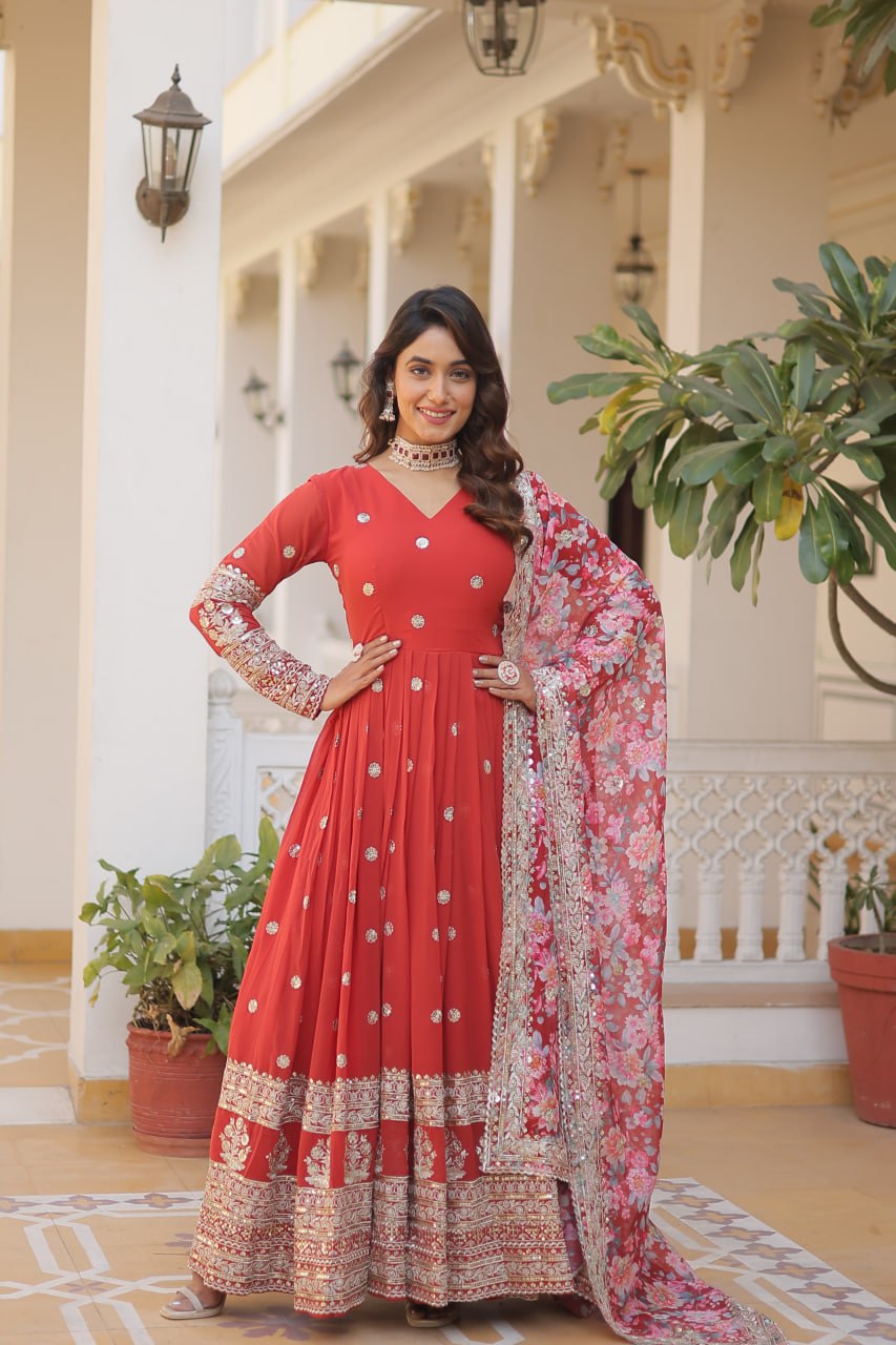 Banjara India Faux Georgette with Embroidery Zari Sequins-work Red