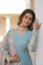 "Banjara India Faux Georgette with Embroidery Zari Sequins-work  Blue"