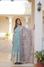 "Banjara India Faux Georgette with Embroidery Zari Sequins-work  Blue"