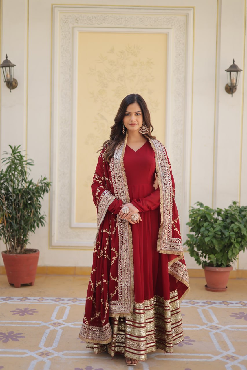 Banjara India Faux blooming With Sequins Embroidered work  gown with designer lace border dupatta- Maroon