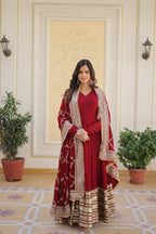 Banjara India Faux blooming With Sequins Embroidered work  gown with designer lace border dupatta- Maroon