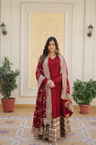 Banjara India Faux blooming With Sequins Embroidered work  gown with designer lace border dupatta- Maroon