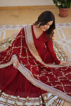 Banjara India Faux blooming With Sequins Embroidered work  gown with designer lace border dupatta- Maroon