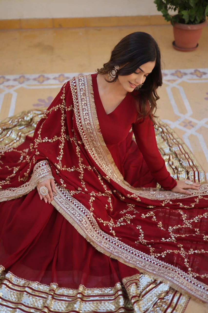 Banjara India Faux blooming With Sequins Embroidered work  gown with designer lace border dupatta- Maroon