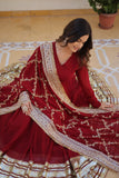 Banjara India Faux blooming With Sequins Embroidered work  gown with designer lace border dupatta- Maroon