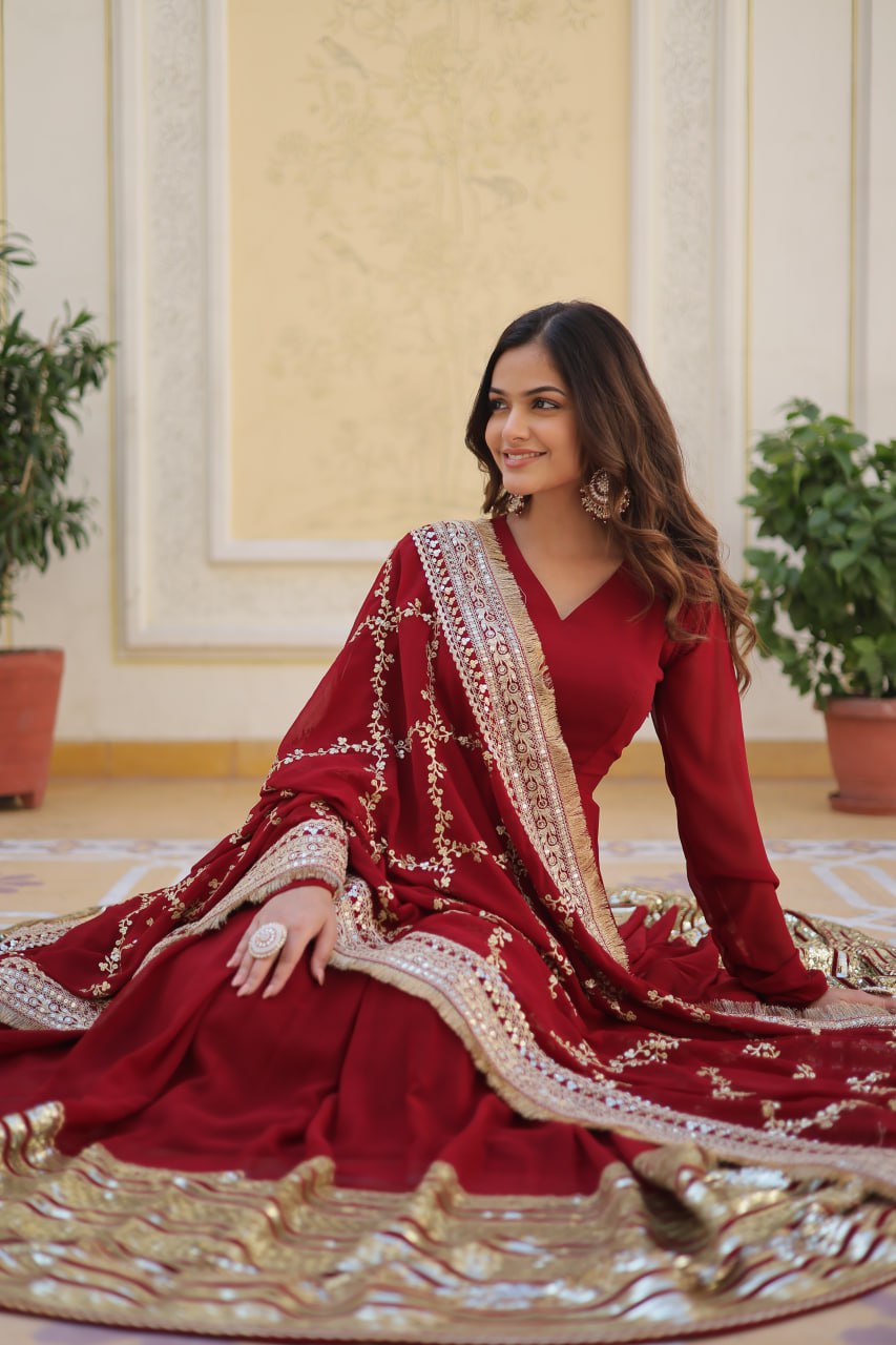 Banjara India Faux blooming With Sequins Embroidered work  gown with designer lace border dupatta- Maroon