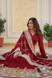 Banjara India Faux blooming With Sequins Embroidered work  gown with designer lace border dupatta- Maroon