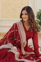 Banjara India Faux blooming With Sequins Embroidered work  gown with designer lace border dupatta- Maroon