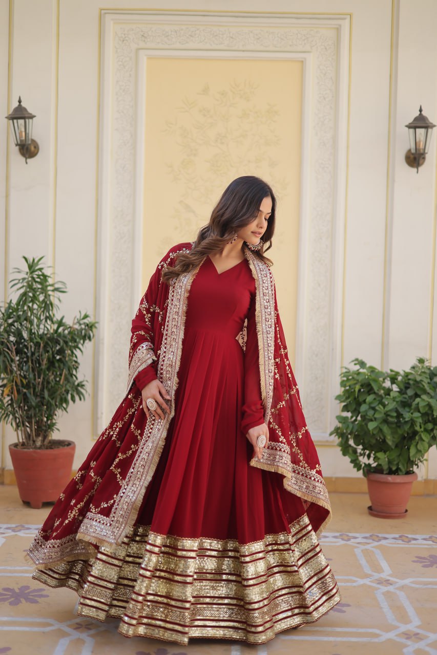 Banjara India Faux blooming With Sequins Embroidered work  gown with designer lace border dupatta- Maroon