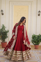 Banjara India Faux blooming With Sequins Embroidered work  gown with designer lace border dupatta- Maroon