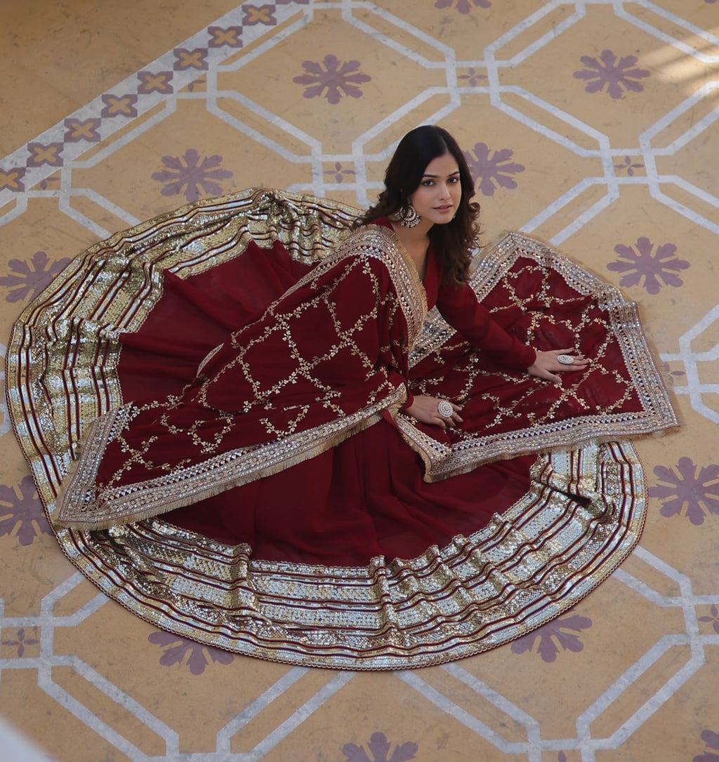 Banjara India Faux blooming With Sequins Embroidered work  gown with designer lace border dupatta- Maroon