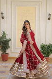 Banjara India Faux blooming With Sequins Embroidered work  gown with designer lace border dupatta- Maroon