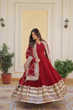 Banjara India Faux blooming With Sequins Embroidered work  gown with designer lace border dupatta- Maroon