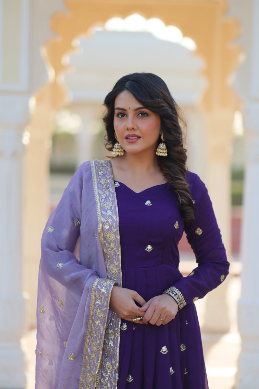 Banjara Iinda Star Georgette with Embroidery Zari Sequins-work Purple