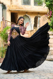 Banjara India Kutchi Gamthi Embroidered Work & Cotton Print Long Gown- Black