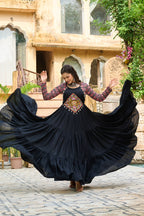 Banjara India Kutchi Gamthi Embroidered Work & Cotton Print Long Gown- Black