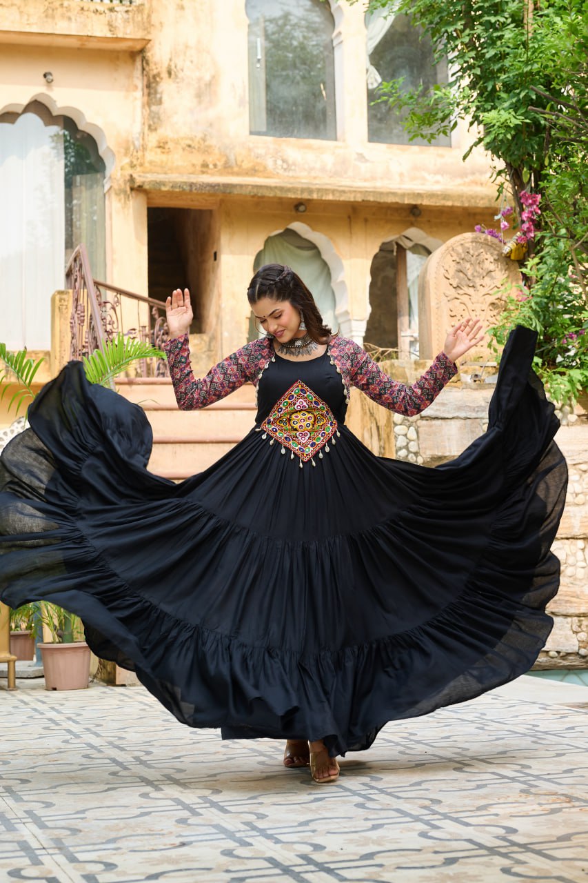 Banjara India Kutchi Gamthi Embroidered Work & Cotton Print Long Gown- Black
