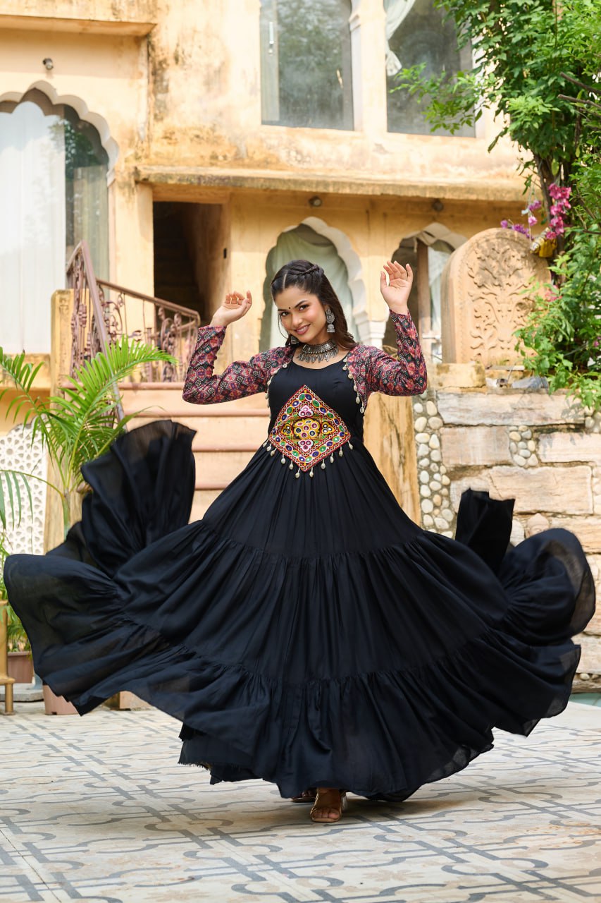 Banjara India Kutchi Gamthi Embroidered Work & Cotton Print Long Gown- Black