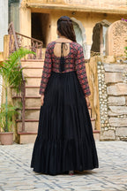 Banjara India Kutchi Gamthi Embroidered Work & Cotton Print Long Gown- Black