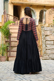 Banjara India Kutchi Gamthi Embroidered Work & Cotton Print Long Gown- Black