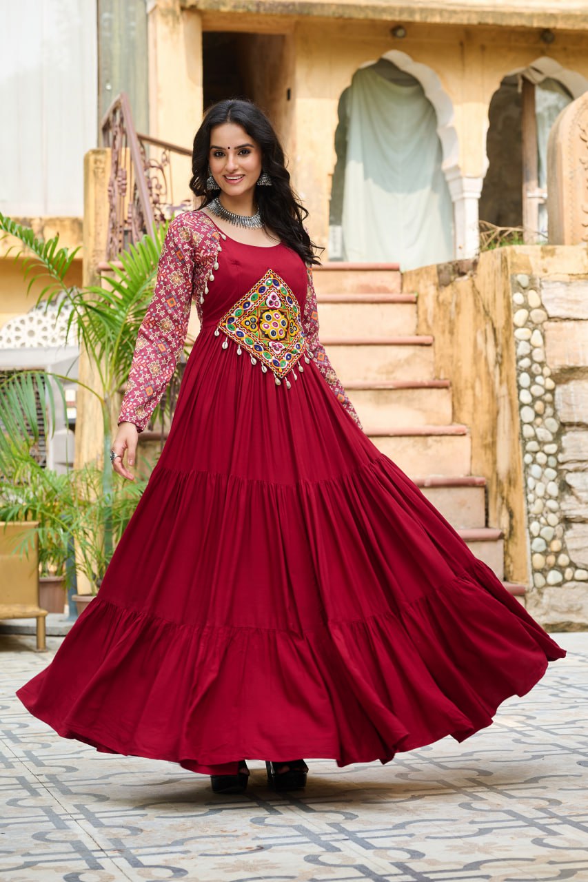 Banjara India Kutchi Gamthi Embroidered Work & Cotton Print Long Gown- Maroon