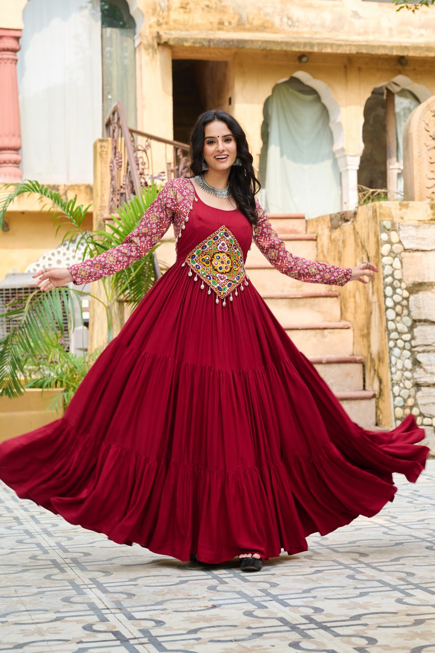 Banjara India Kutchi Gamthi Embroidered Work & Cotton Print Long Gown- Maroon