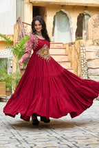 Banjara India Kutchi Gamthi Embroidered Work & Cotton Print Long Gown- Maroon