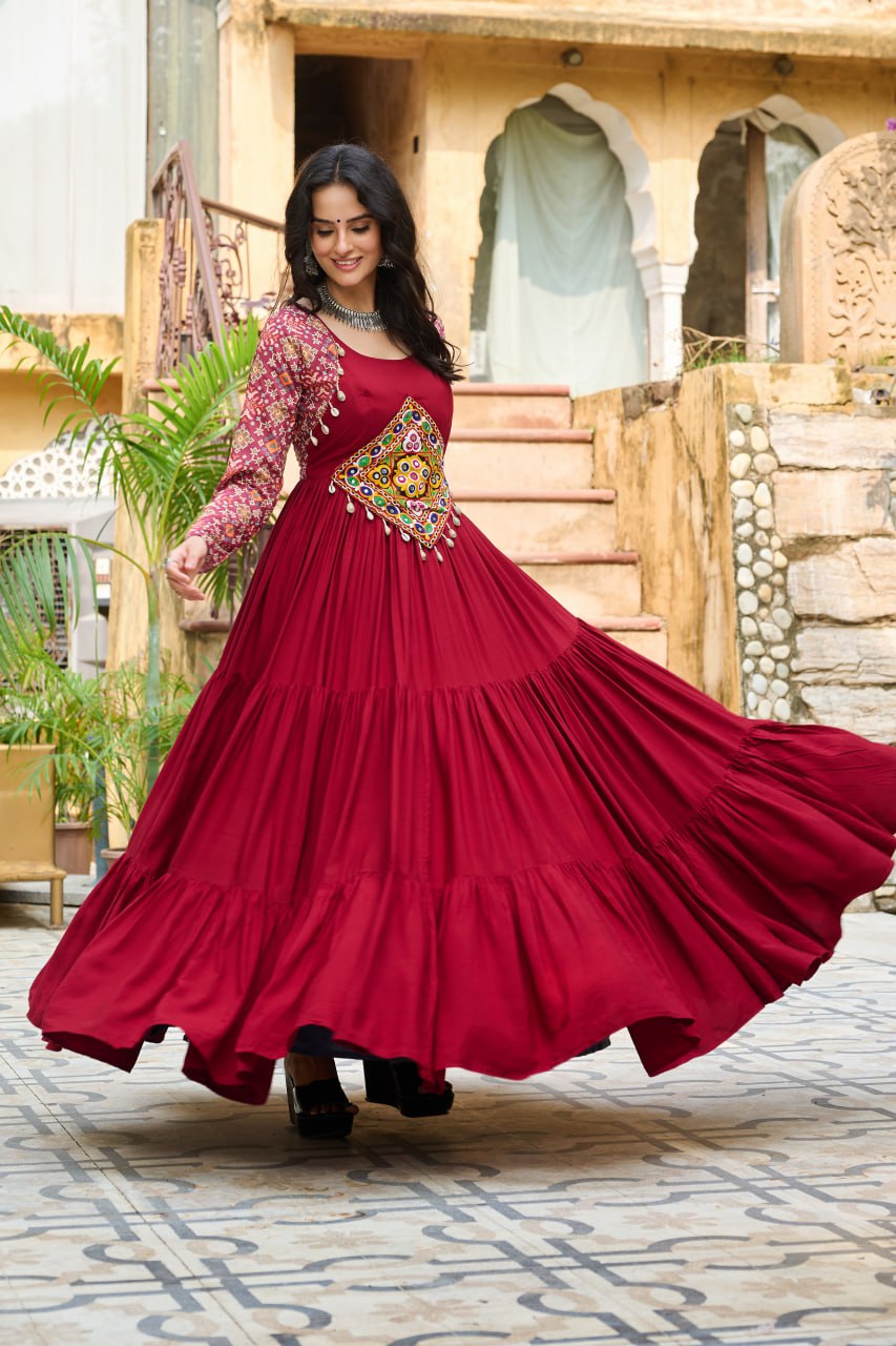 Banjara India Kutchi Gamthi Embroidered Work & Cotton Print Long Gown- Maroon