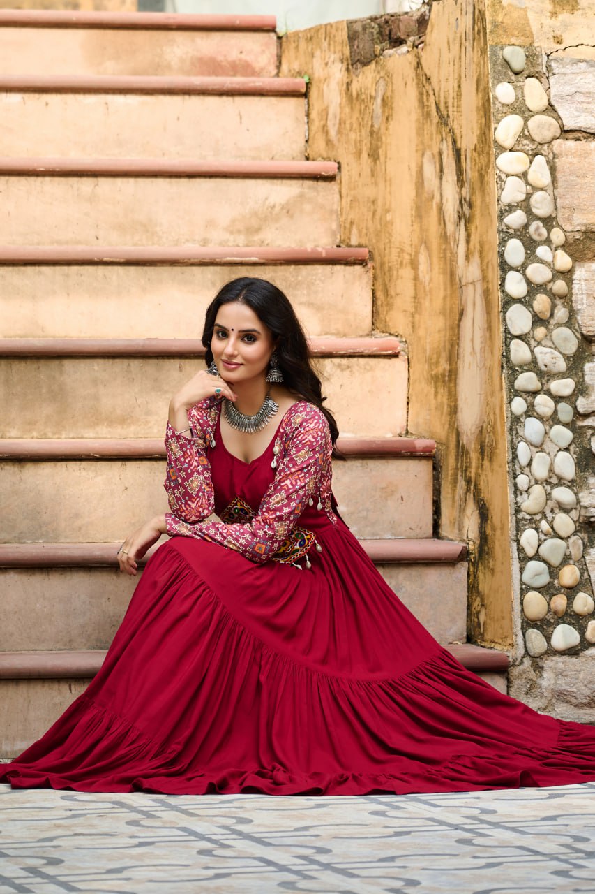Banjara India Kutchi Gamthi Embroidered Work & Cotton Print Long Gown- Maroon
