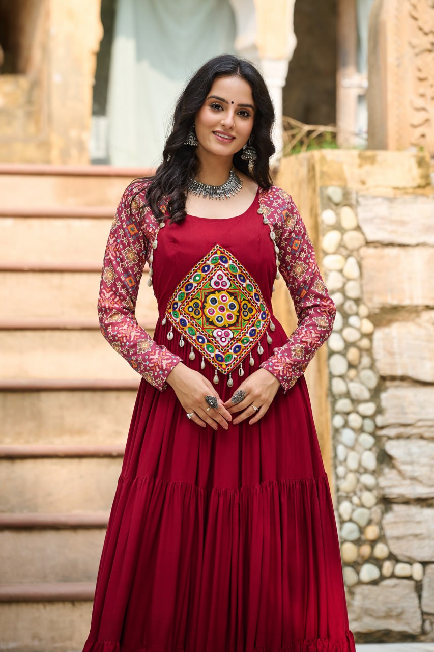Banjara India Kutchi Gamthi Embroidered Work & Cotton Print Long Gown- Maroon