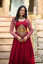 Banjara India Kutchi Gamthi Embroidered Work & Cotton Print Long Gown- Maroon