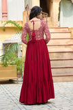 Banjara India Kutchi Gamthi Embroidered Work & Cotton Print Long Gown- Maroon