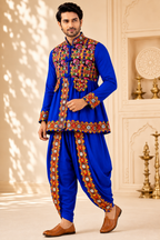 Banjara India Men’s Kutchi Embroidered Kediyu & Dhoti Set | Traditional Navratri Garba Outfit | Mirror Work Ethnic Wear Set-Blue