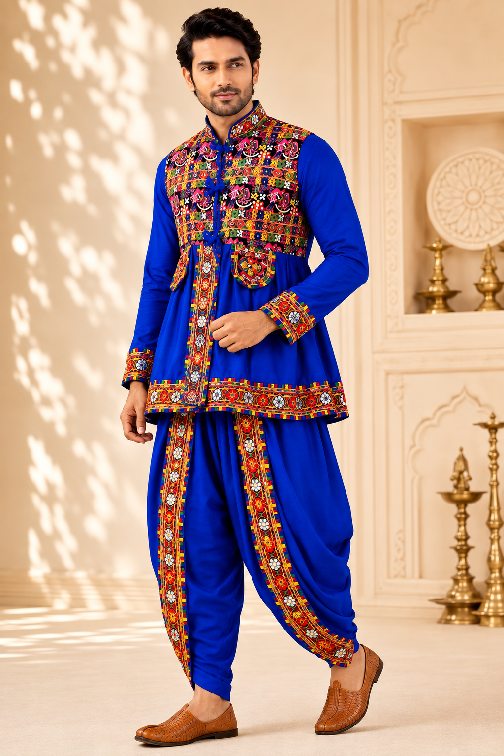 Banjara India Men’s Kutchi Embroidered Kediyu & Dhoti Set | Traditional Navratri Garba Outfit | Mirror Work Ethnic Wear Set-Blue