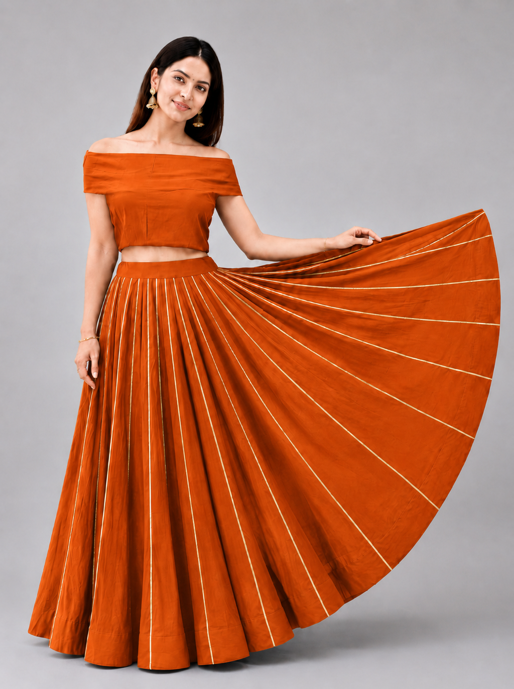 Banjara India Black Roman Silk Kali Skirt/Chaniya – Skirt-GoldenKali-Rust Orange