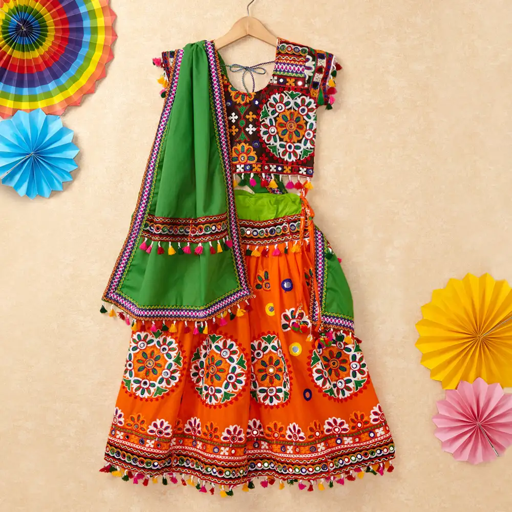 Banjara India Kutchi Emboidered Orange Girls Chaniya Choli with Dupatta (CC-RING) - ORANGE