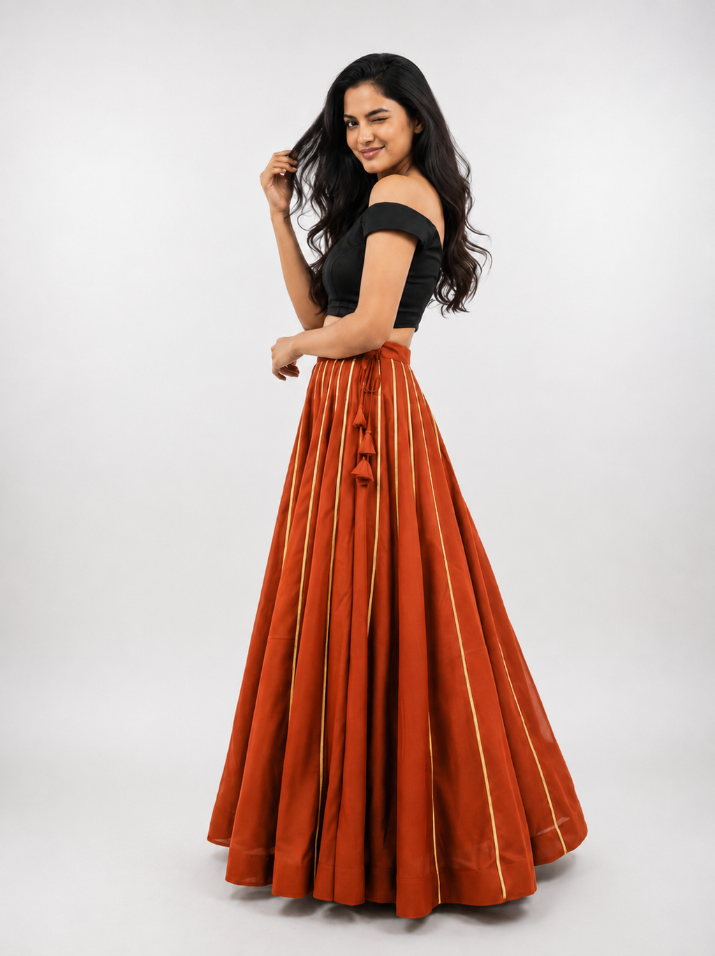 Banjara India Black Roman Silk Kali Skirt/Chaniya – Skirt-GoldenKali-Rust Orange