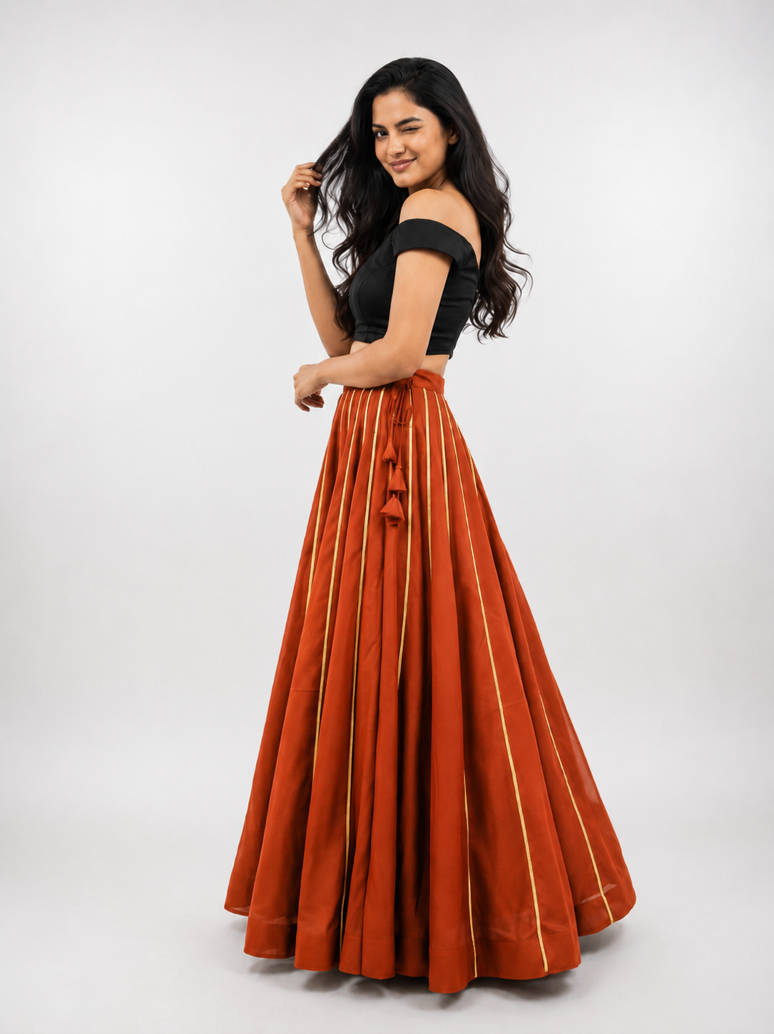Banjara India Black Roman Silk Kali Skirt/Chaniya – Skirt-GoldenKali-Rust Orange