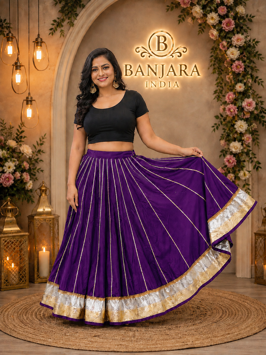 Banjara India Black Premium Rayon Kali Skirt/Chaniya – Skirt-Sona Chandi- Purple