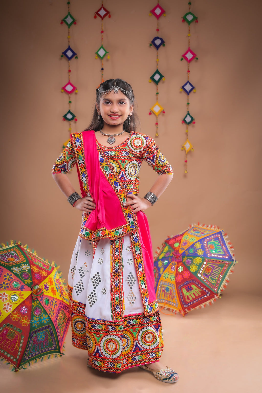Banjara India Festive Wear Kutchwork Embroidered Girls Lehenga Choli Set with Dupatta (CC-SCKK) - White