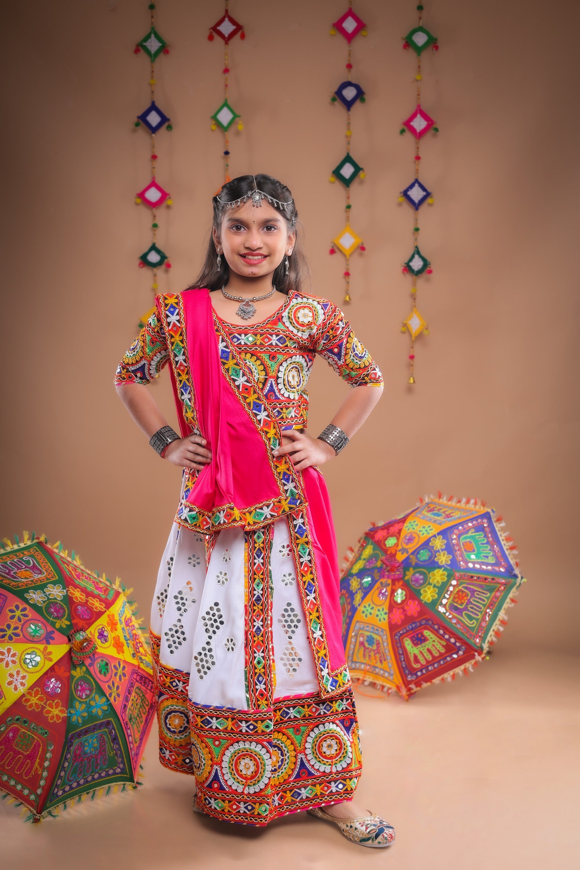 Banjara India Festive Wear Kutchwork Embroidered Girls Lehenga Choli Set with Dupatta (CC-SCKK) - White