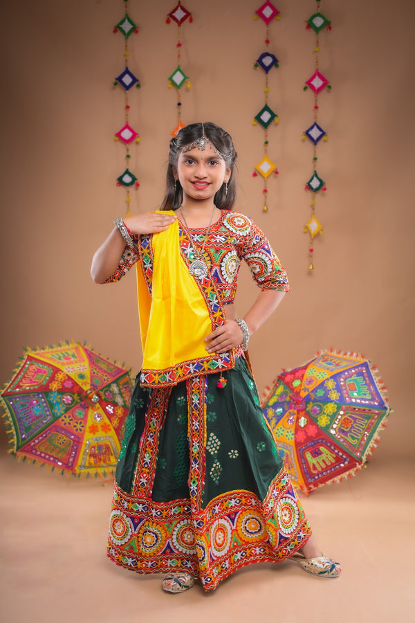 Banjara India Festive Wear Kutchwork Embroidered Girls Lehenga Choli Set with Dupatta (CC-SCKK) - Green