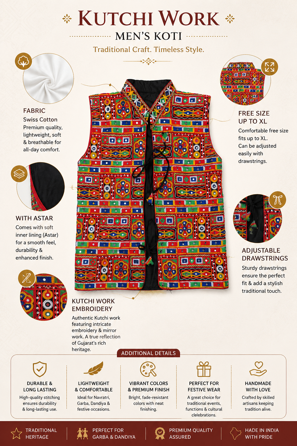 Banjara India Multicolor Kutchi Embroidered Ethnic Jacket for Men | Mirror Work Nehru Jacket | Festive & Navratri Wear (Men-Koti-04)