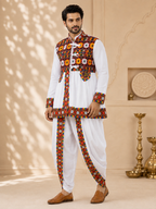 Banjara India Men’s Kutchi Embroidered Kediyu & Dhoti Set | Traditional Navratri Garba Outfit | Mirror Work Ethnic Wear Set-White