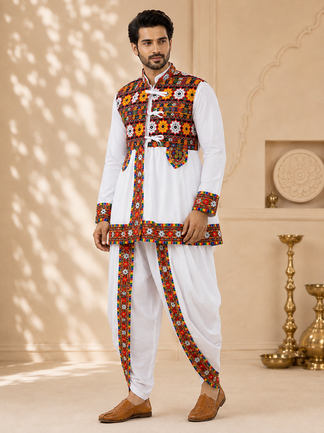 Banjara India Men’s Kutchi Embroidered Kediyu & Dhoti Set | Traditional Navratri Garba Outfit | Mirror Work Ethnic Wear Set-White
